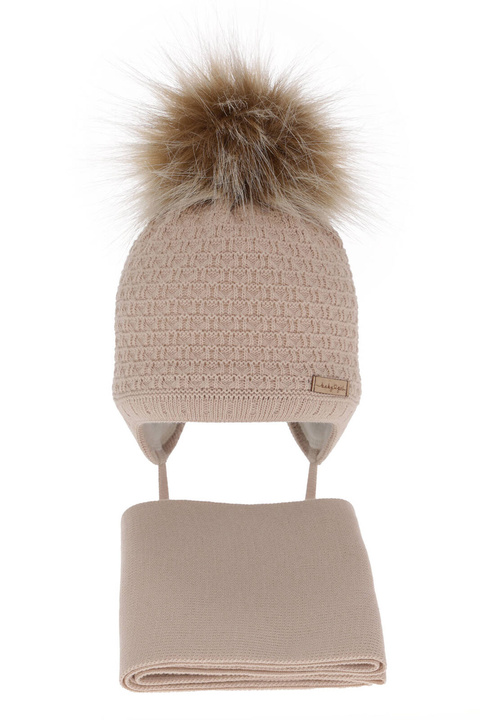 Ensemble d'hiver fille: bonnet et écharpe, beige, avec pompon, Clotilde