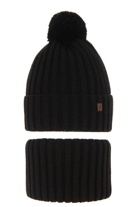 Jongens winter set muts en sjaal, zwart, met garen pompon, Wiliam