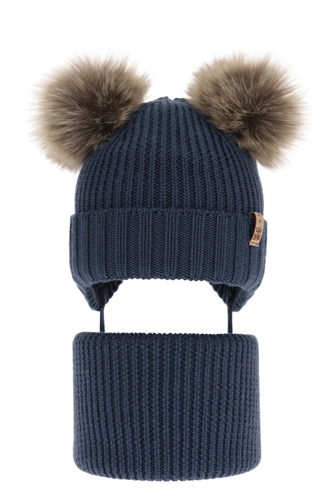 Ensemble d'hiver garçon: bonnet et snood, bleu marine, avec laine mérinos, avec liens, Konor