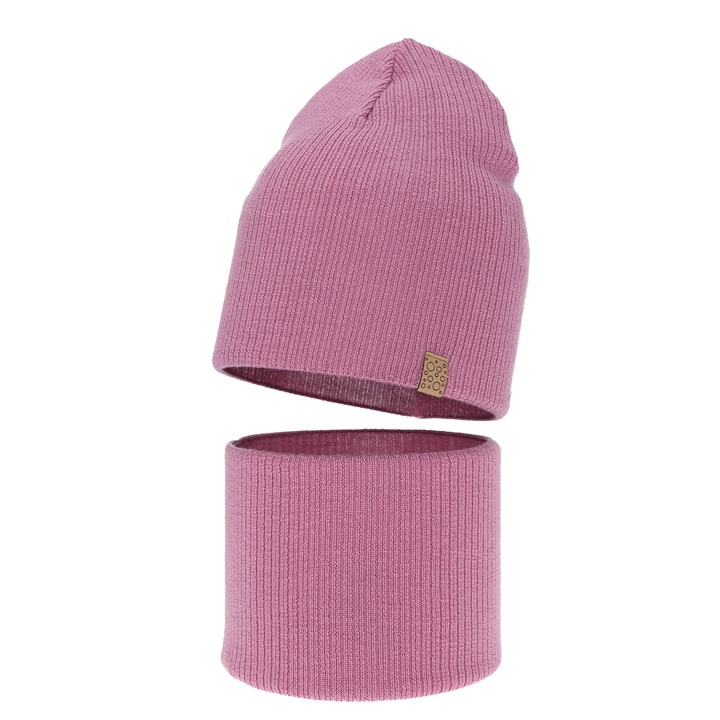 Ensemble automne/printemps fille: bonnet et snood, violet, avec laine mérinos, Ricona