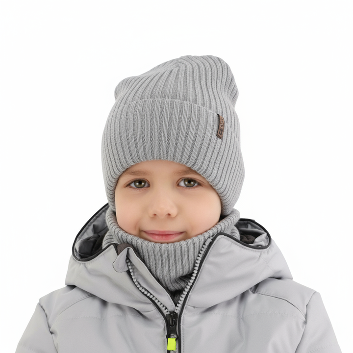 Ensemble d'hiver garçon: bonnet et snood, gris clair, avec laine mérinos, Gizmo