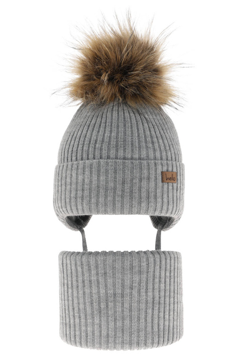 Ensemble d'hiver garçon: bonnet et snood, gris, avec pompon, avec liens, Bergo