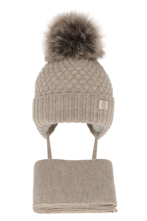 Ensemble d'hiver garçon: bonnet et écharpe, beige, avec pompon, avec liens, Norberto