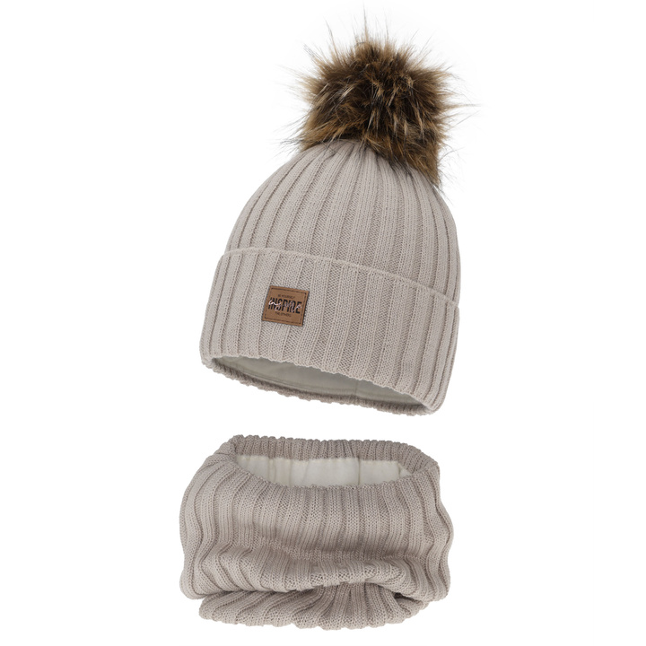 Meisjes winter set (muts en buissjaal), beige, gevoerd met fleece, met merinowol, Bellina