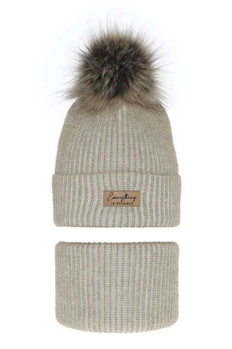 Ensemble d'hiver fille: bonnet et snood, beige, avec pompon, Floryda