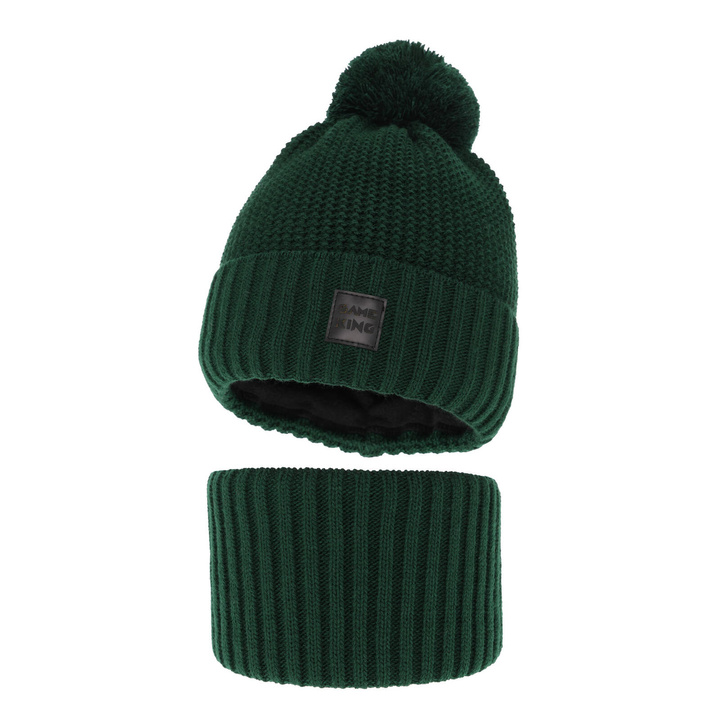 Ensemble d'hiver garçon: bonnet et snood, vert, avec pompon, Conan
