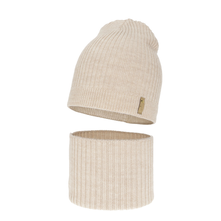 Ensemble automne/printemps fille: bonnet et snood, beige, avec laine mérinos, Chelsie