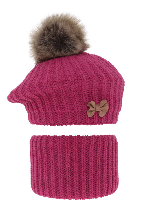 Ensemble d'hiver fille: beret et snood, rose, avec pompon, Polinezja