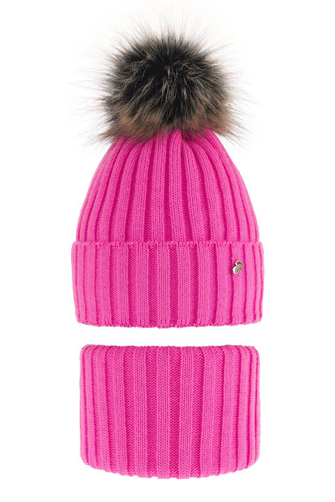 Meisjes winter set muts en buissjaal, roze, met garen pompon, Wilma