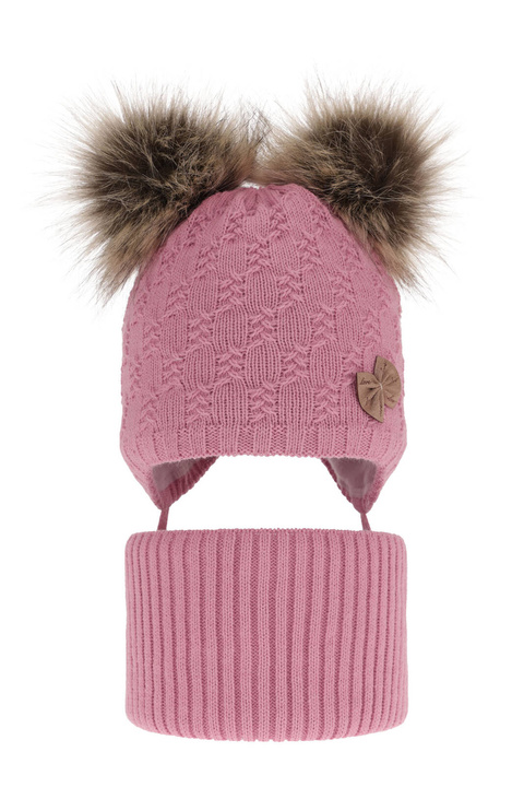Ensemble d'hiver fille: bonnet et snood, rose, avec deux pompons, wiązany, Bettina