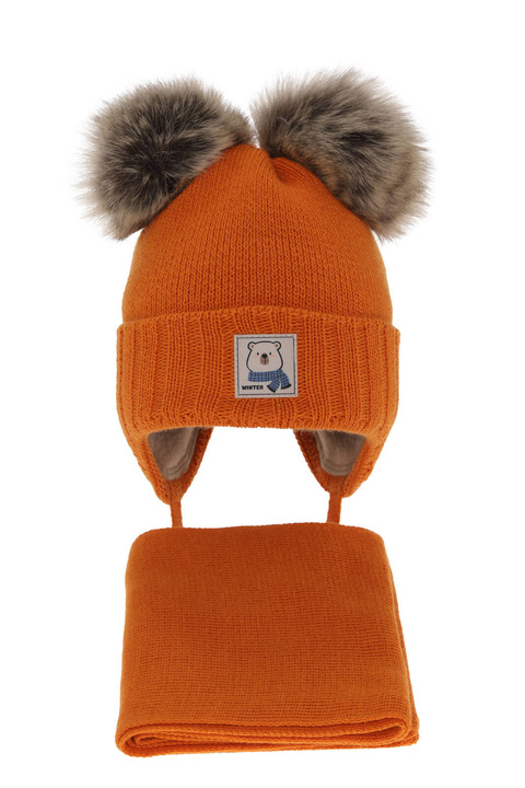 Ensemble d'hiver garçon: bonnet et écharpe, orange, avec deux pompons, avec liens, Jewel