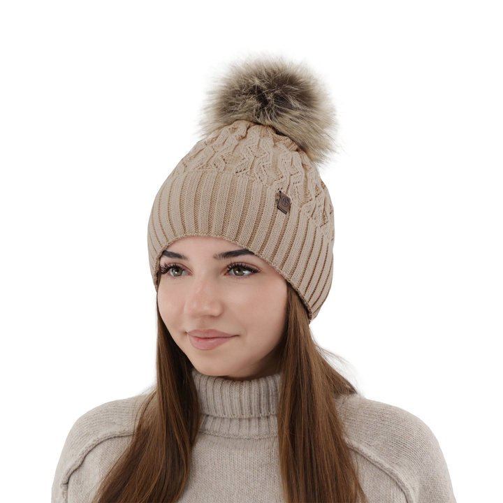 Bonnet d'hiver femme, beige, avec pompon, Katty