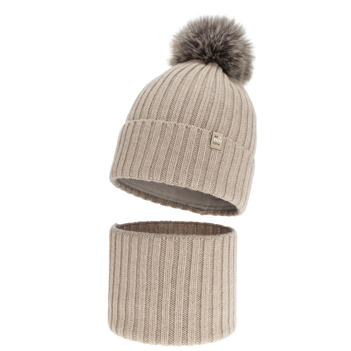 Meisjes winter set: muts en buissjaal, beige, 100% Merino Wol, gevoerd met katoen, met pompon, Terida