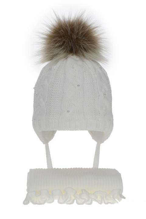 Ensemble d'hiver fille: bonnet et écharpe, blanc, avec pompon, Mirella