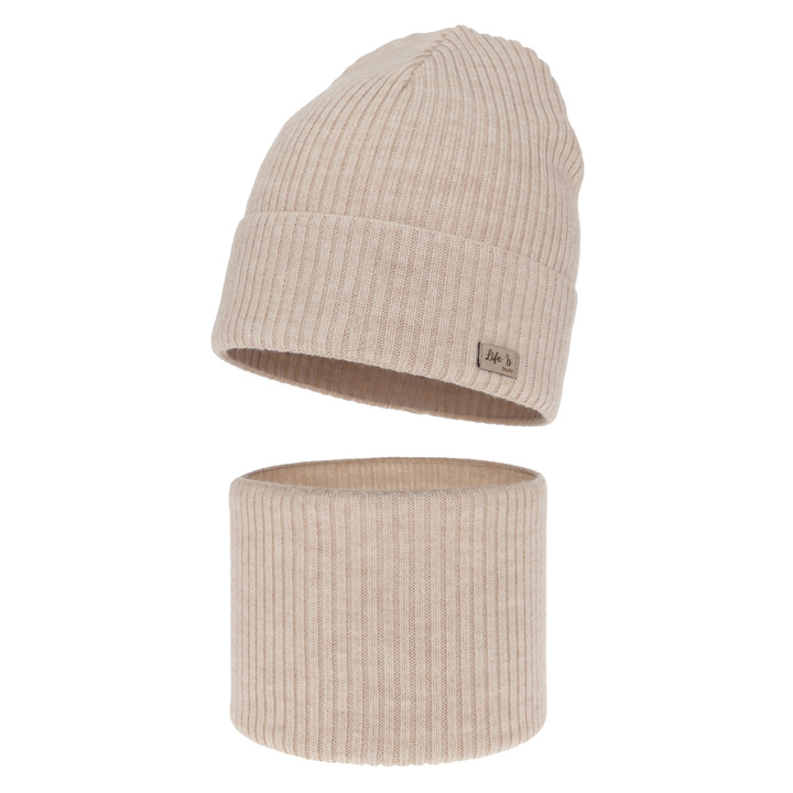 Ensemble automne/printemps fille: bonnet et snood, beige, avec laine mérinos, Itra
