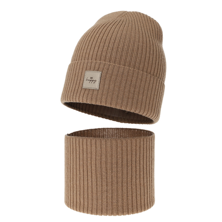 Ensemble automne/printemps fille: bonnet et snood, camel, avec laine mérinos, Vanita