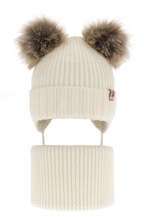 Ensemble d'hiver fille: bonnet et snood, crème, avec laine mérinos, avec liens, avec deux pompons, Silvia
