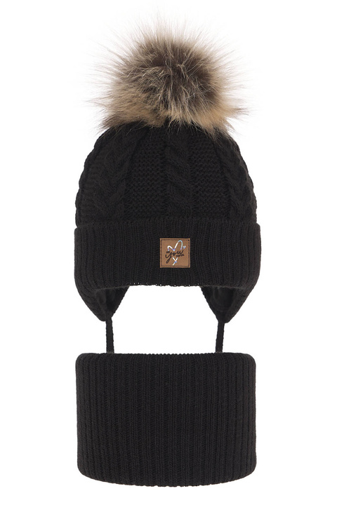 Ensemble d'hiver fille: bonnet et snood, noir, avec pompon, avec liens, Finess
