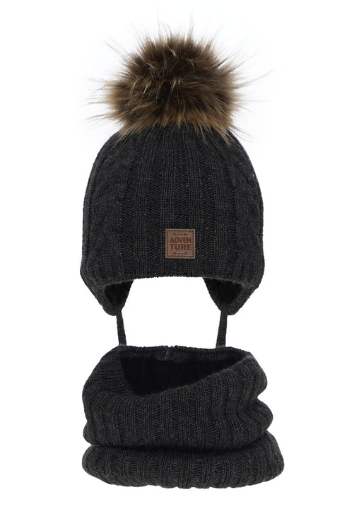Jongens winter set muts en sjaal, grijs donker, met garen pompon, Casper