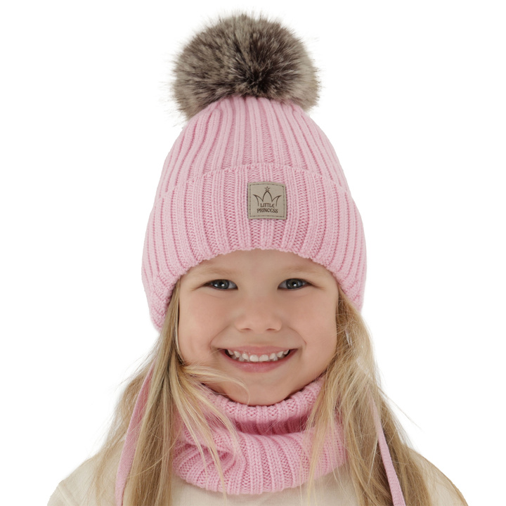 Ensemble d'hiver fille: bonnet et snood, rose, avec pompon, avec laine mérinos, doublé de polaire, wiązany, Martina