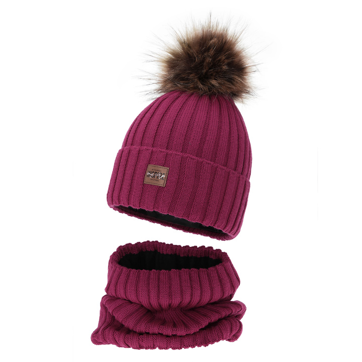 Meisjes winter set (muts en buissjaal), amarantowy, gevoerd met fleece, met merinowol, Bellina