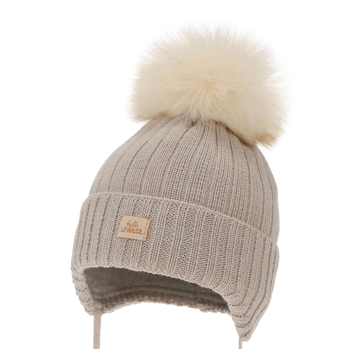 Meisjes wintermuts, beige, met bindkoorden, met merinowol, Basma