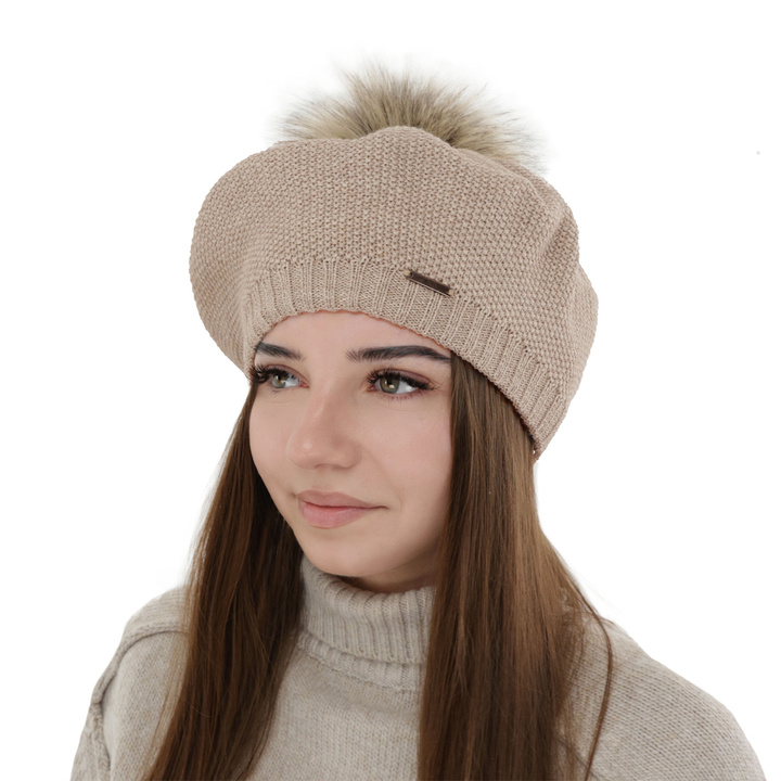 Beret d'hiver femme, beige, avec laine mérinos, Bonnie