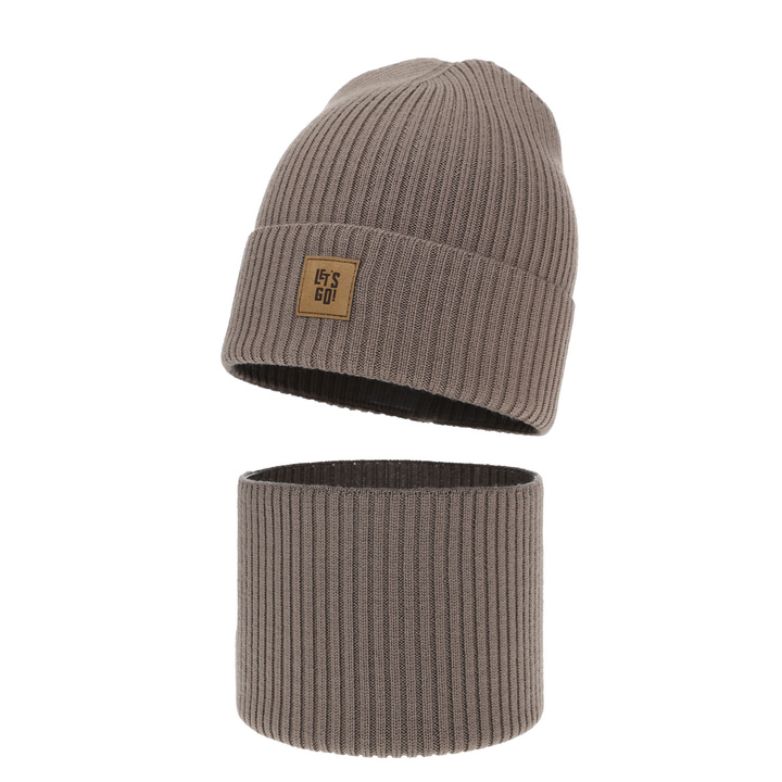 Ensemble automne/printemps garçon: bonnet et snood, brun, avec laine mérinos, Vanto