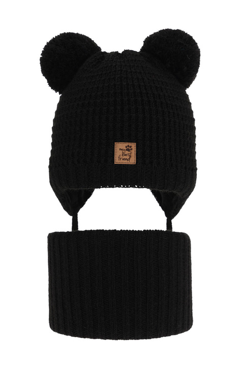 Ensemble d'hiver garçon: bonnet et snood, noir, avec deux pompons, avec liens, Krispi