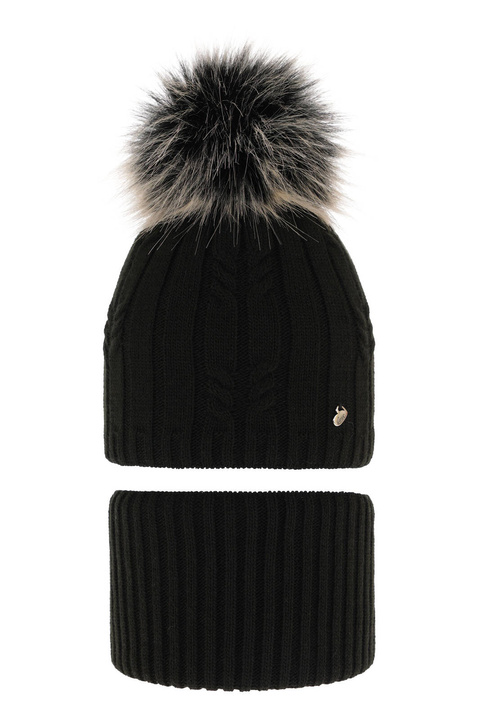 Ensemble d'hiver fille: bonnet et snood, noir, avec pompon, Amaltea