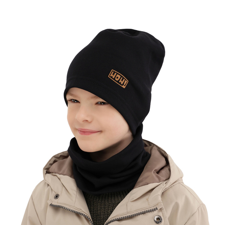 Ensemble automne/printemps garçon: bonnet et snood, noir, en coton, Frizer