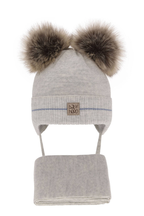 Ensemble d'hiver garçon: bonnet et écharpe, gris clair, avec deux pompons, avec liens, Melon
