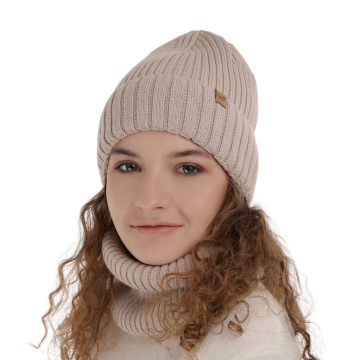 Ensemble d'hiver fille: bonnet et snood, beige, avec laine mérinos, Mesalia