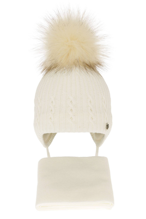 Ensemble d'hiver fille: bonnet et écharpe, crème, avec pompon, Amana