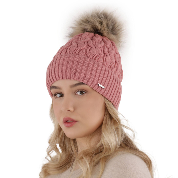 Bonnet d'hiver femme, rose, avec pompon, Deva