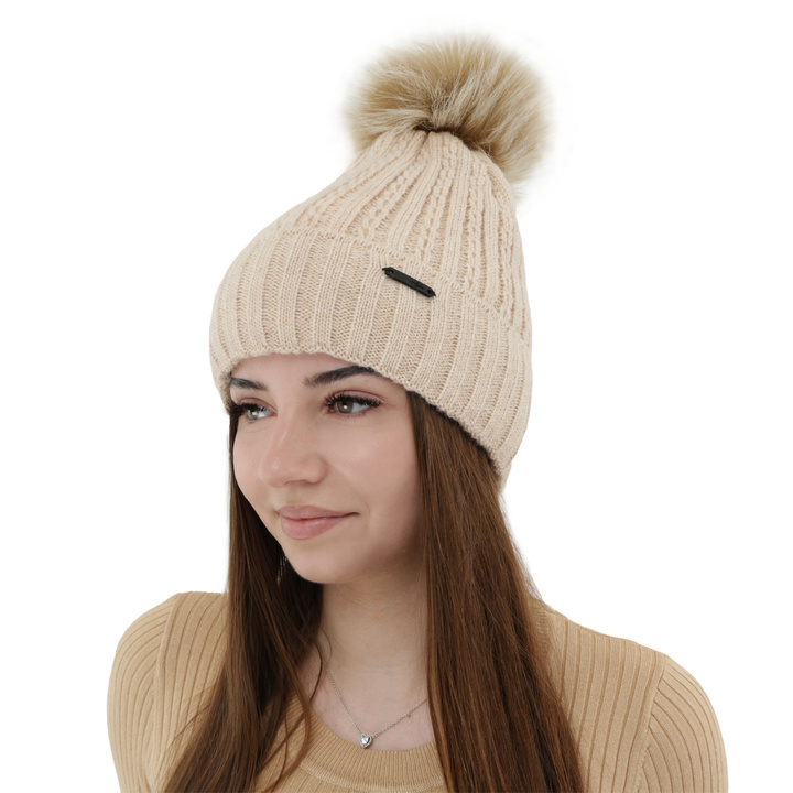 Bonnet d'hiver femme, beige, avec pompon, Karizma