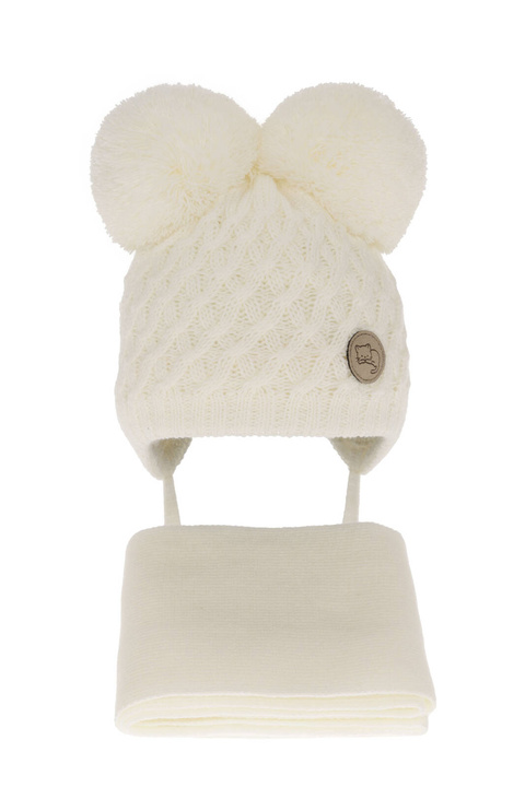 Ensemble d'hiver fille: bonnet et écharpe, crème, avec deux pompons, avec liens, Anava