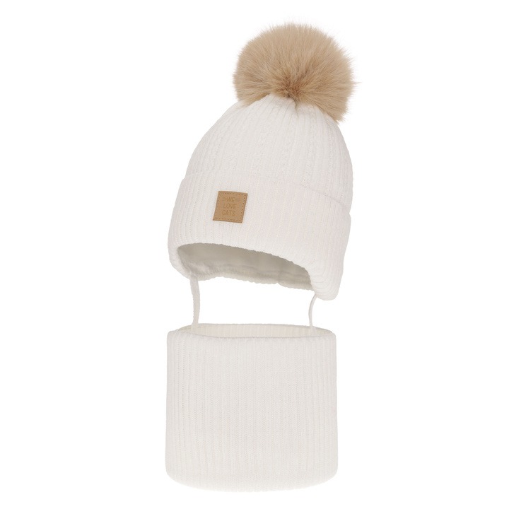 Ensemble d'hiver fille: bonnet et snood, blanc, avec pompon, Betty