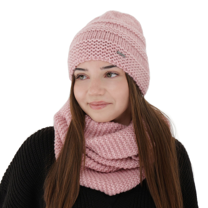 Dames winter set (muts en buissjaal), roze, met merinowol, Driva