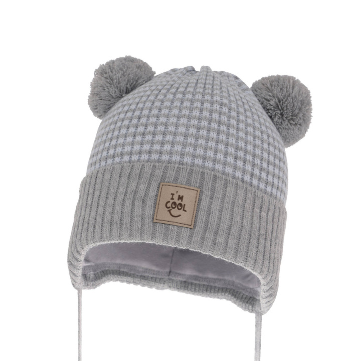 Bonnet automne/printemps garçon, grigio, avec deux pompons, avec liens, Laurent