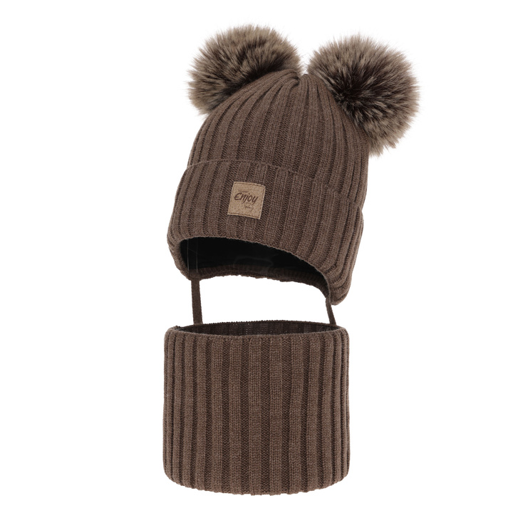 Ensemble d'hiver garçon: bonnet et snood, brun, avec deux pompons, avec liens, Orange