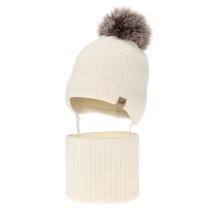 Jongens muts en col, winter set, crème, 100% merinowol, gevoerd met wollen fleece, met strikbanden Danny