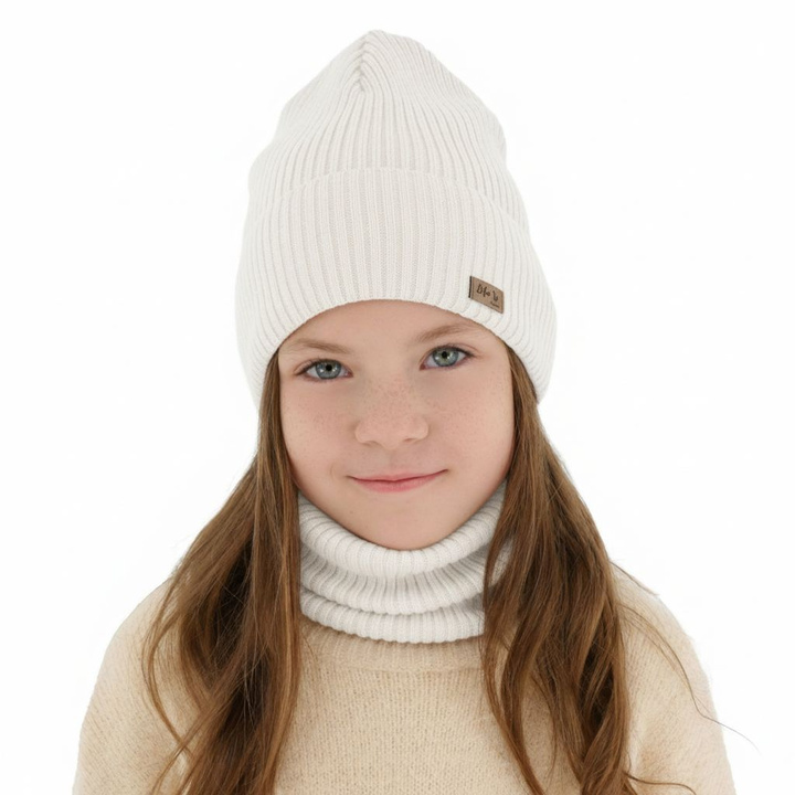 Ensemble automne/printemps fille: bonnet et snood, blanc, avec laine mérinos, Itra