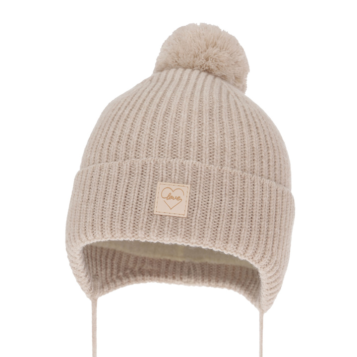Bonnet d'hiver fille, beige, avec pompon, avec laine mérinos, doublé de polaire, avec liens, Havana