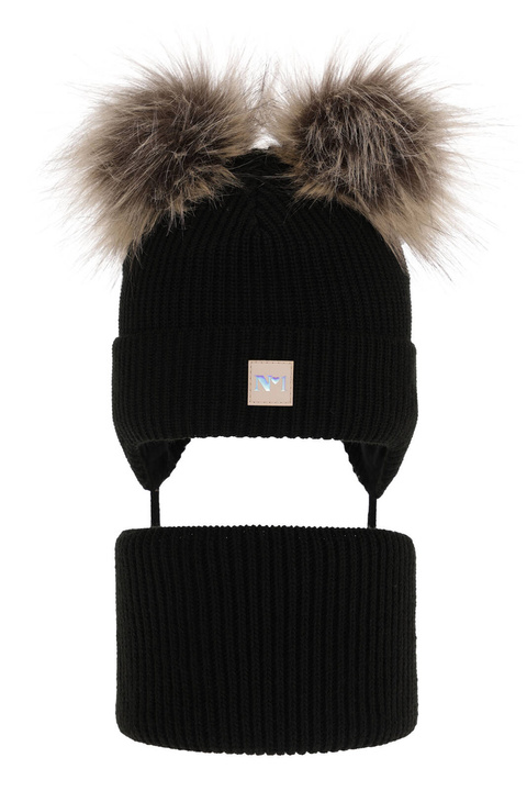 Ensemble d'hiver fille: bonnet et snood, noir, avec deux pompons, avec liens, Kiara