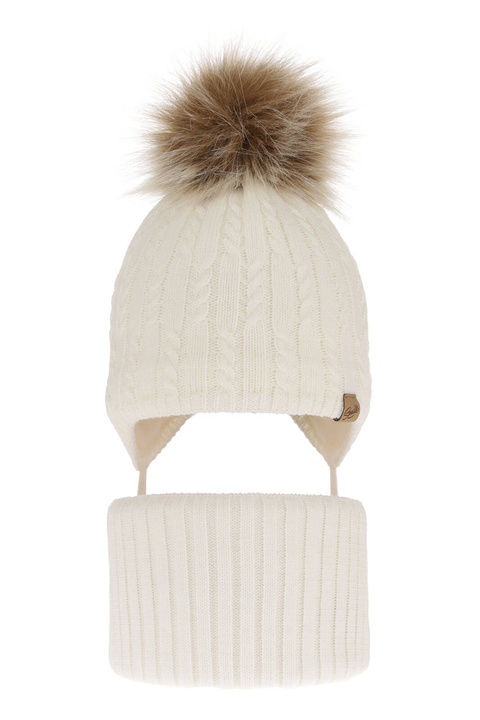 Ensemble d'hiver fille: bonnet et snood, crème, avec pompon, avec liens, Loreley