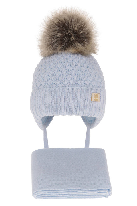 Ensemble d'hiver garçon: bonnet et écharpe, bleu, avec pompon, lié, Norberto