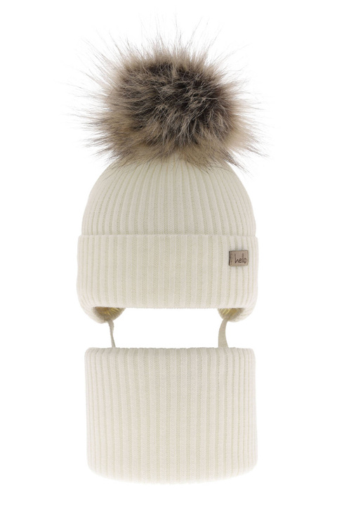 Ensemble d'hiver fille: bonnet et snood, crème, avec liens, avec pompon, Bria