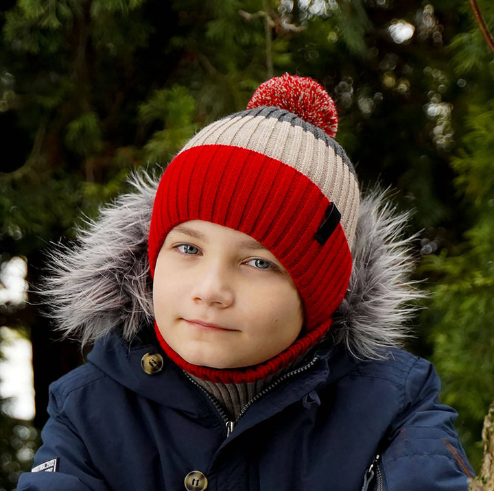 Jongens winter set muts en buissjaal, rood, met garen pompon, Karson