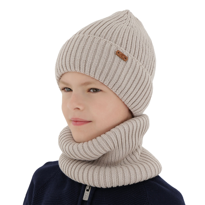 Ensemble d'hiver garçon: bonnet et snood, beige, avec laine mérinos, Palermo